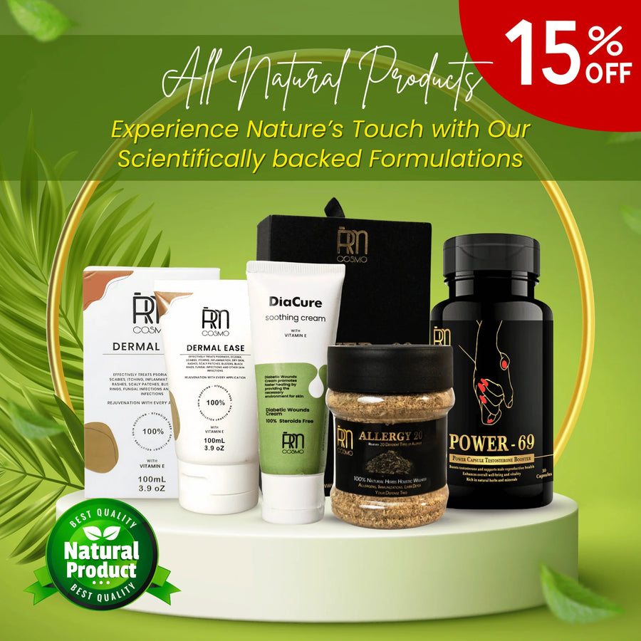  RM Cosmo holistic health range – Allergy relief, stamina and testosterone support, and skin healing cream for total wellness